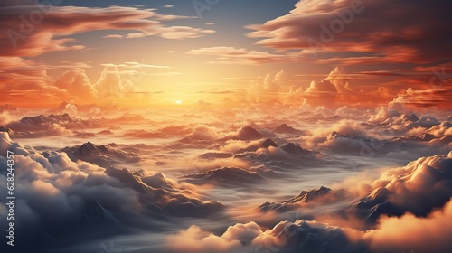 AI Generated. AI Generative. Sky clouds air drone view yellow orange color background landscape. Adventure trip travel outdoor fly. Sof colors around world