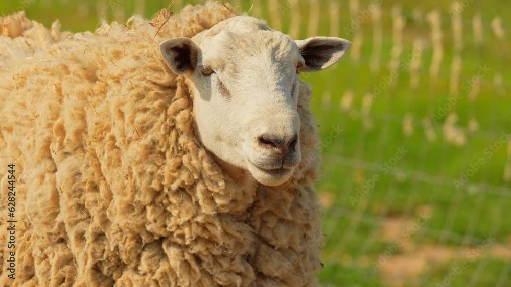 Cute sheep at village farm field countryside. Close-up face of curios pretty and fluffy sheep, looking at the camera, animal portrait in slow motion. Livestock agriculture, environment, animal rights Cute sheep at village farm field countryside. Close-up face of curios pretty and fluffy sheep, looking at the camera, animal portrait in slow motion. Livestock agriculture, environment, animal rights