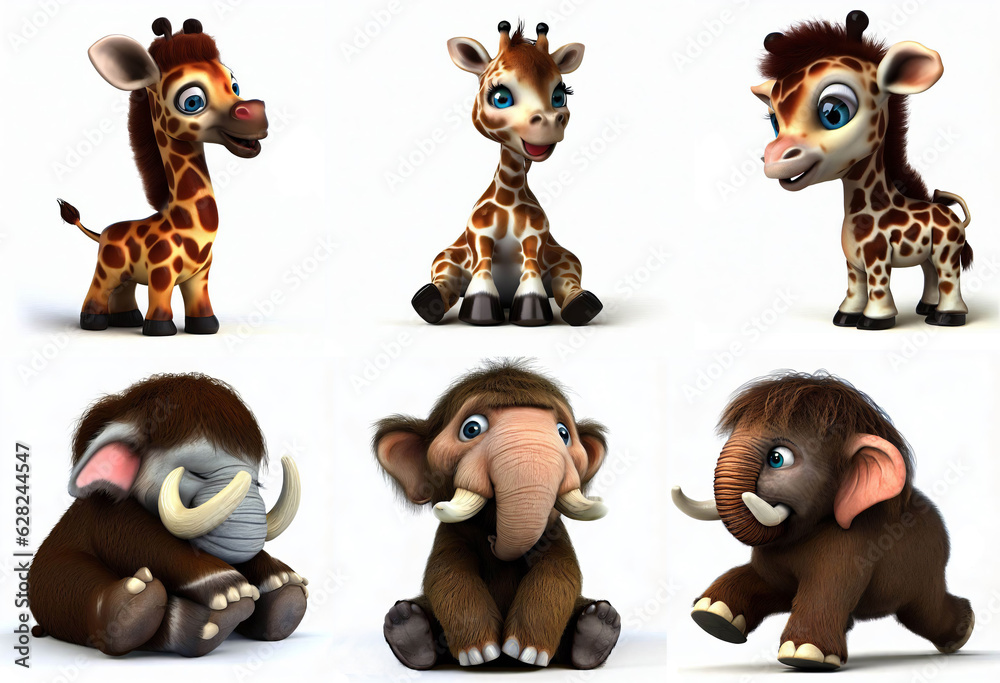 A set of 3 cute Giraffes and 3 Wooly Mammoths on a white background A set of 3 cute Giraffes and 3 Wooly Mammoths on a white background