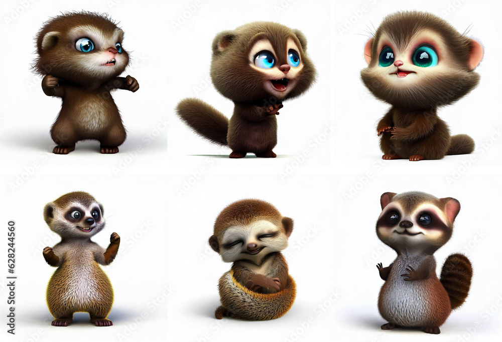 Fototapeta premium A set of 3 cute Meerkats and 3 Minks isolated on a white background