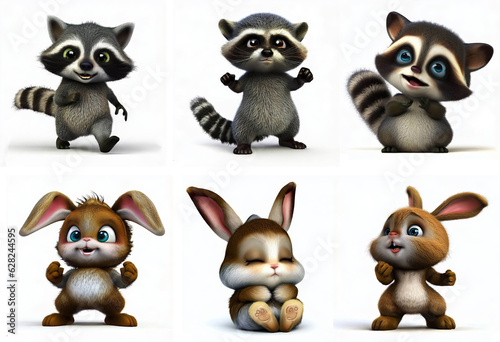 A set of 3 cute Racoons and 3 Rabbits on a white background