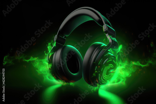 Beautiful black round headphones in clouds of neon colored green smoke isolated on a black background. 3d render illustration style.