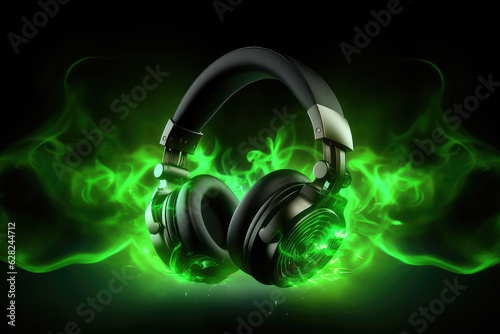 Beautiful black round headphones in clouds of neon colored green smoke isolated on a black background.  3d render illustration style.