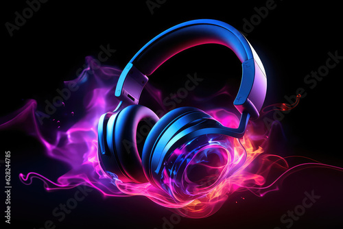 Beautiful black round headphones in clouds of neon colored pink smoke isolated on a black background. 3d render illustration style.