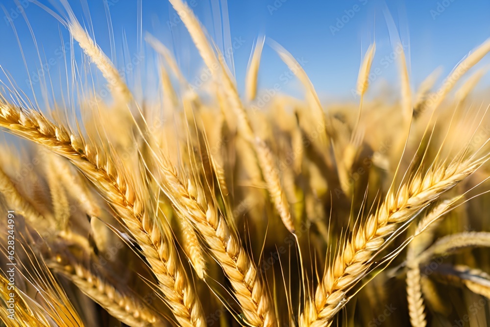 The golden field is adorned with delicate ears of wheat, creating a breathtaking sigh The golden field is adorned with delicate ears of wheat, creating a breathtaking sigh