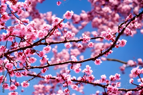 In full bloom, the pink cherry tree creates a breathtaking scene against the blue expanse above