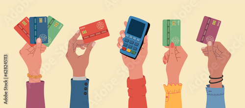 Diverse hands holding credit cards and payment terminal. Concept of cashless payment, electronic money. Hand drawn vector illustration isolated on light background, flat cartoon style.