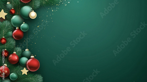 Vibrant Christmas Background with Festive Fir Branches and Colorful Red and Green Ornaments, Generative AI