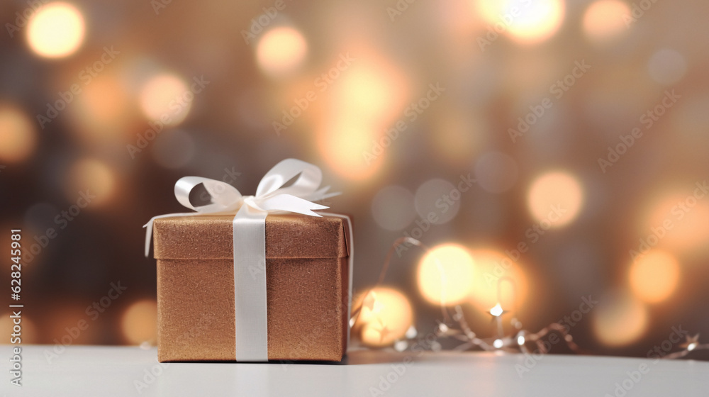 White and Gold Christmas Background with a Gift: Festive Holiday Stock Image Generated by AI White and Gold Christmas Background with a Gift: Festive Holiday Stock Image Generated by AI