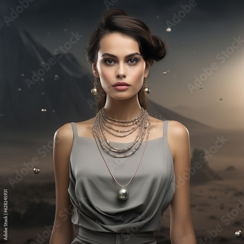 female model wearing pearls and jewelry