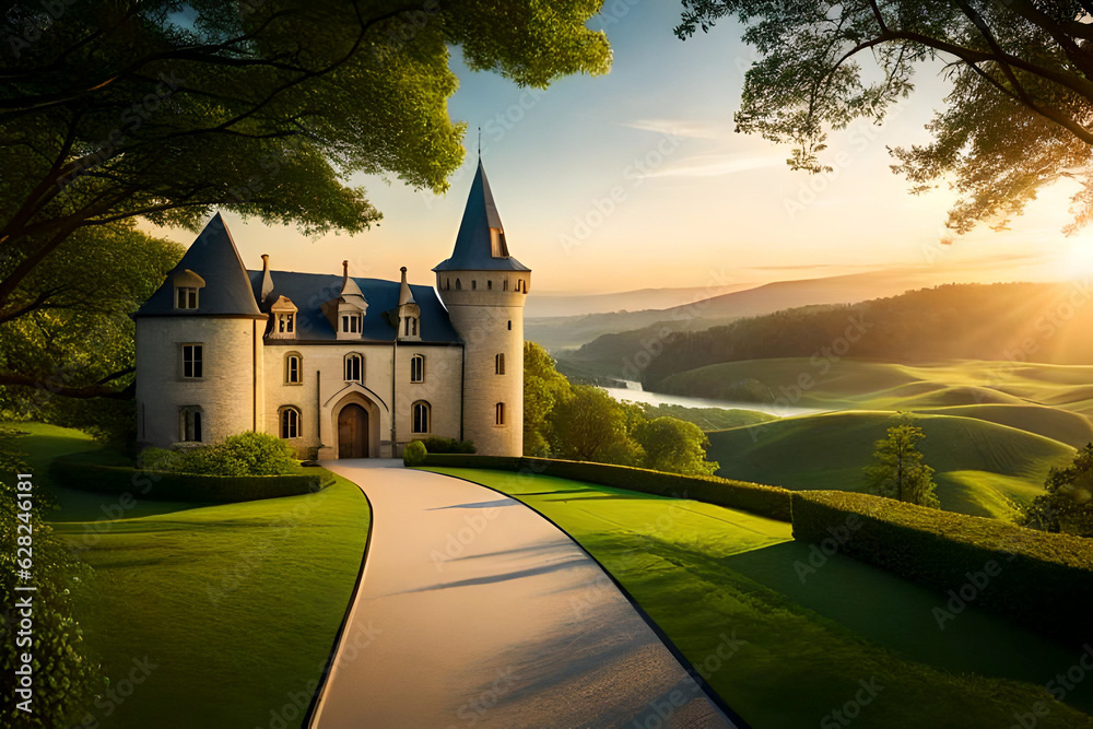 Naklejka premium Castle on the hill with sunrise. Ai generative