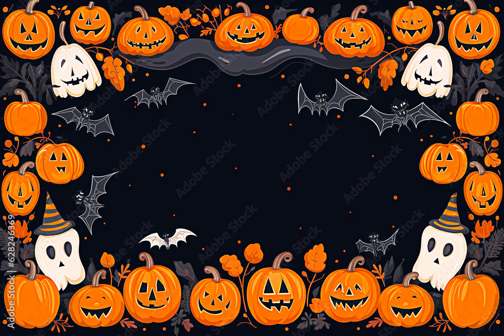 Halloween background with pumpkins, bats and spiders. selective focus. 