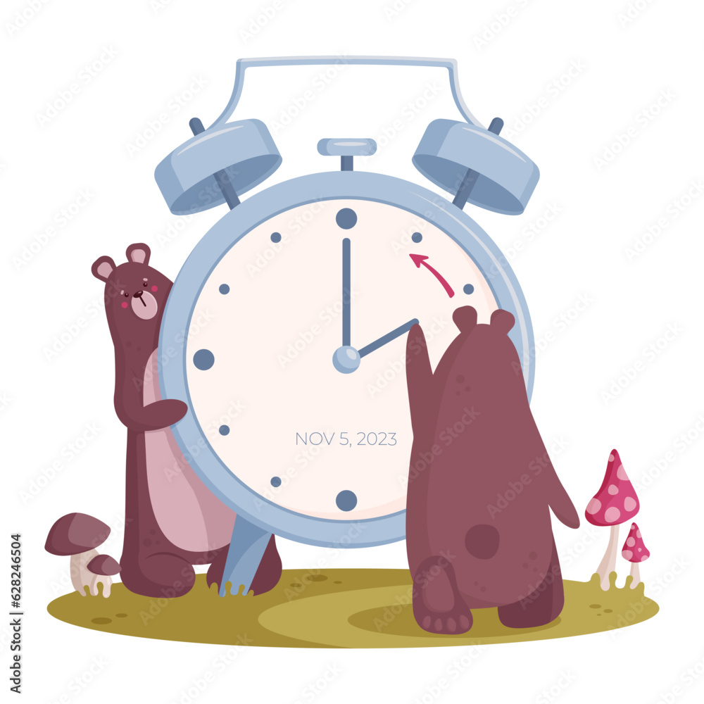 Daylight saving time end, fall back clock with bears
