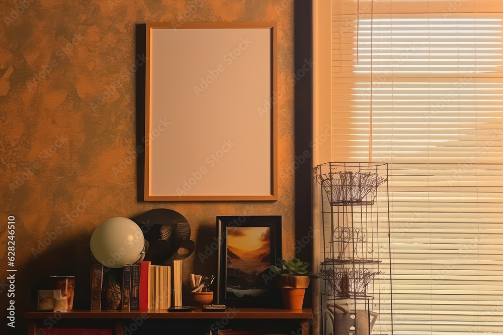 Obraz premium artistic frame canvas mock up in a curated whimsical studio setting / desk, atelier bohemian style with natural light and shadows - ai generative art 