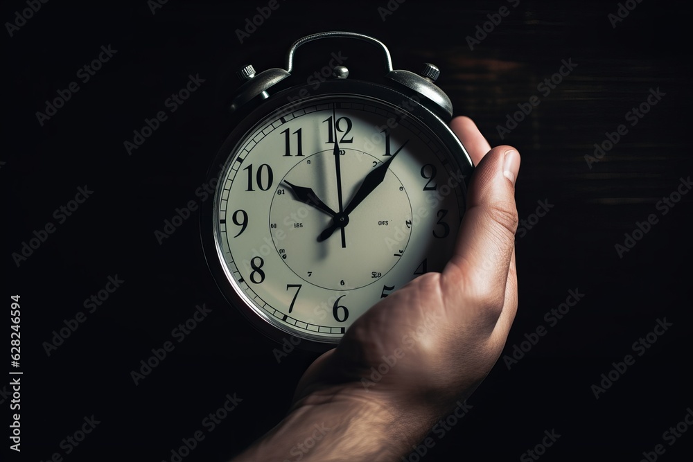Illustration of a person holding an alarm clock in their hand, created using generative AI Illustration of a person holding an alarm clock in their hand, created using generative AI