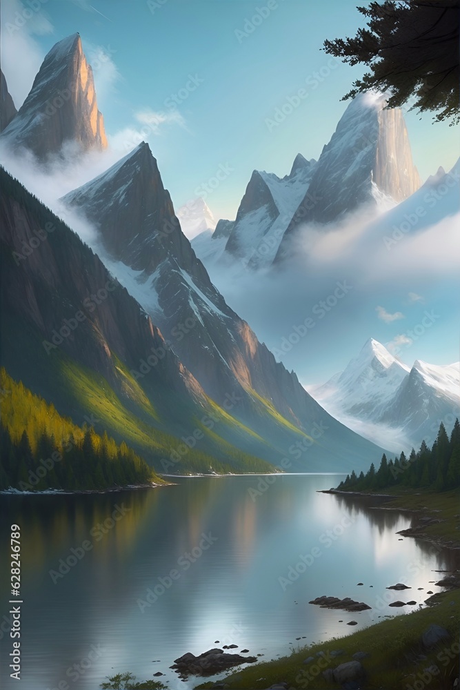 Ultradetailed Mountains landscape. AI generated illustration