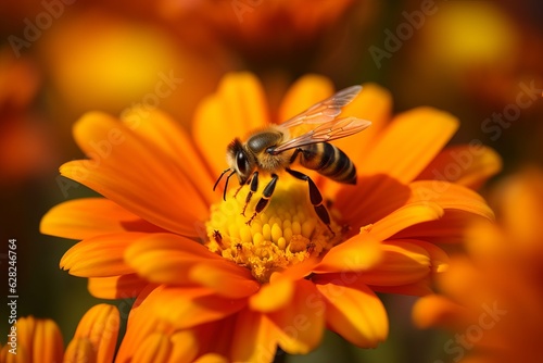 Illustration of a bee perched on a vibrant yellow flower, created using generative AI technology