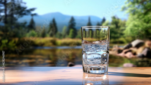A glass of clear drinking water stands on the table against the backdrop of a landscape with a forest lake and mountains.