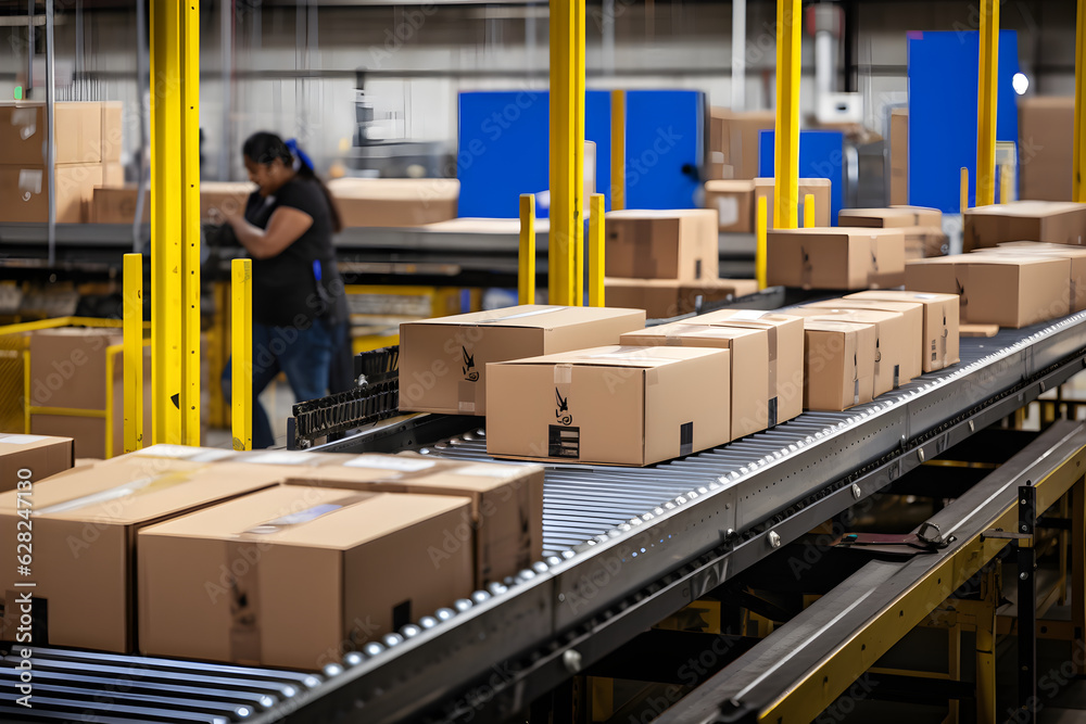 boxes on conveyor belt at shipment facility boxes on conveyor belt at shipment facility