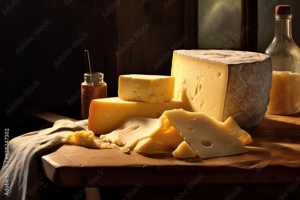 Generated photorealistic image of assorted sliced cheeses on a table in a rustic room in sunlight