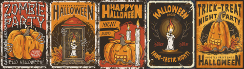 Set of Halloween posters with pumpkins, lantern, skeleton hands and candles for autumn october party. Collection of Halloween backgrounds for holiday night or dark festival