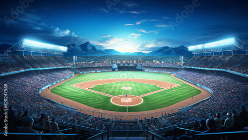 Foto A breathtaking aerial view of a packed baseball stadium with a vibrant baseball field and enthusiastic crowd, generated by AI