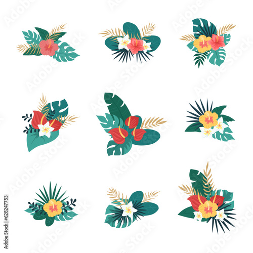 Tropical bouquets set. 9 different bouquets with tropical plants and flowers. Design for postcards, wedding invitations