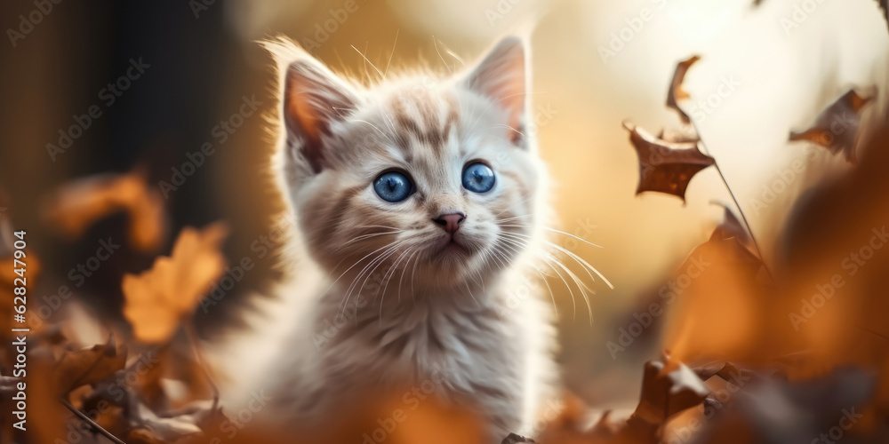 Portrait of a Cat. Cute Little Red Striped Kitten in autumn leaves Portrait of a Cat. Cute Little Red Striped Kitten in autumn leaves