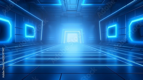 Futuristic Room in Blue Colors with beautiful Lighting. Stunning Background for Product Presentation.