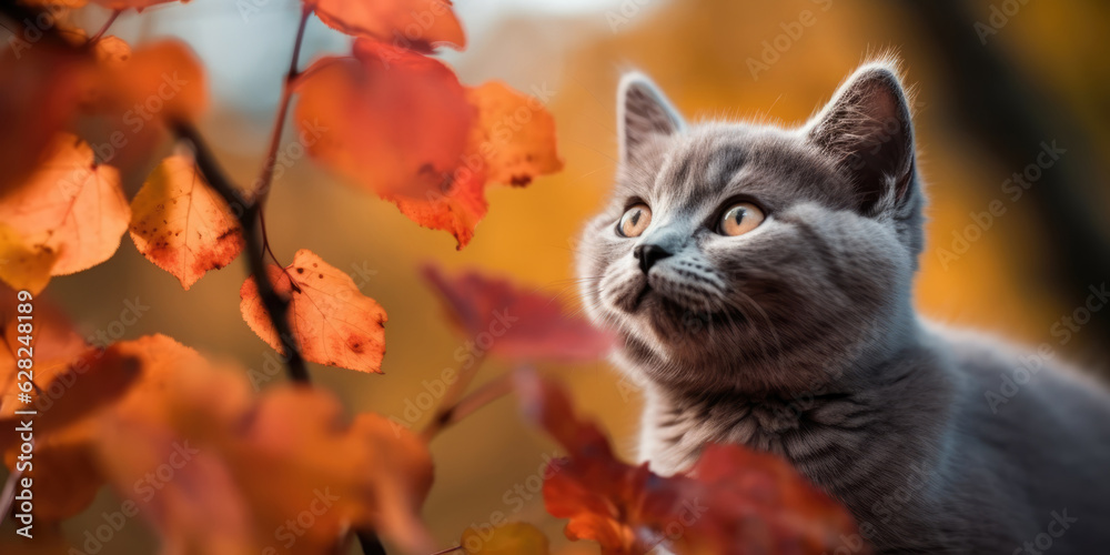 Portrait of a Cat. Little Gray British Kitten in autumn leaves