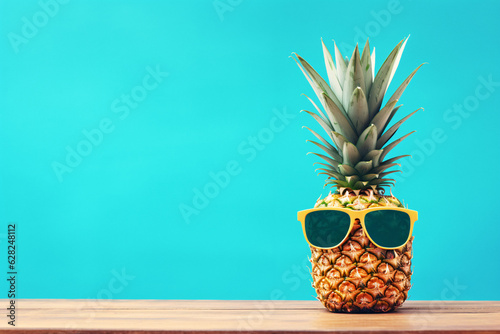 Fun and Quirky Pineapple with Sunglasses on a Table, Perfect for Summer Vibes Generative AI