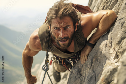 A man climbing a mountain, his muscles straining and his determination clear in his eyes