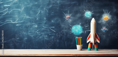 Colorful Toy Rocket Surrounded by Pencils on a Table, Captured by Generative AI