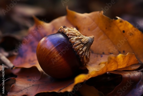 Illustration of a close-up view of an acorn resting on a vibrant pile of autumn leaves, created using generative AI