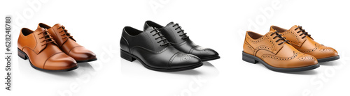transparent background cutouts of classic formal occasion shoes collection Set of classical leather Cap Toe Oxfords and Wingtip brogue shoes in different styles and colors