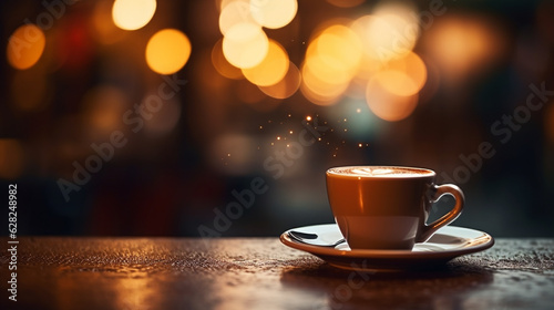 A Cup of Coffee on a Wooden Table at a Cafe with the Background Blurred