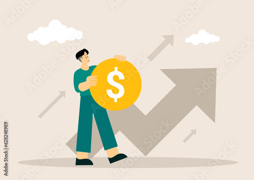 Career growth or business achievement, stock market rising up from economic recovery concept, businessman carrying arrow to make stock rising boom graph and chart.