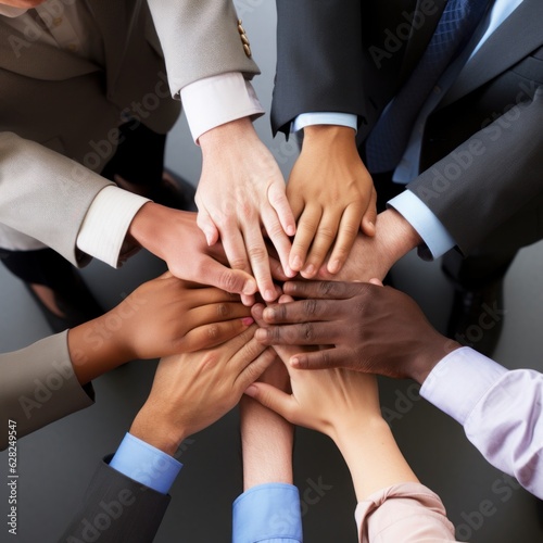 Top view of business people putting their hands together. Teamwork concept