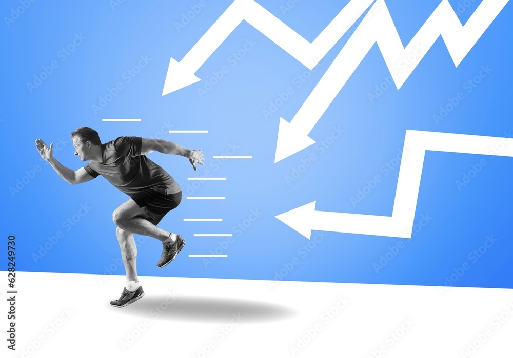 Creative collage of scared guy running from arrows Creative collage of scared guy running from arrows