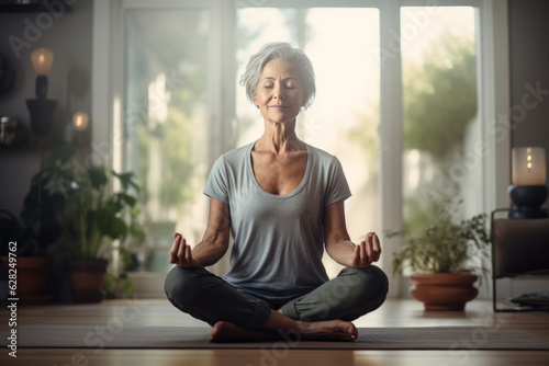 Elder woman meditating at home