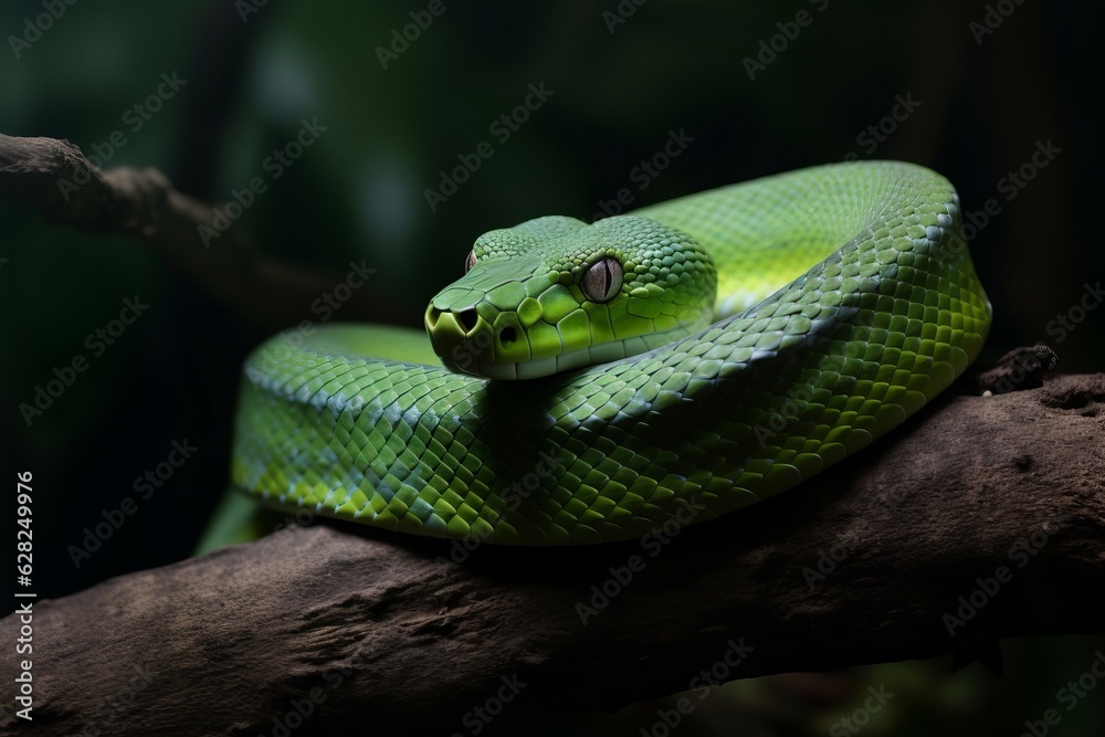 Illustration of a green snake sitting on a branch in a natural environment, created using generative AI Illustration of a green snake sitting on a branch in a natural environment, created using generative AI