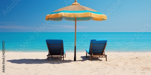 Minimalistic vocation concept. Sun beds on golden sand and turquoise sea water