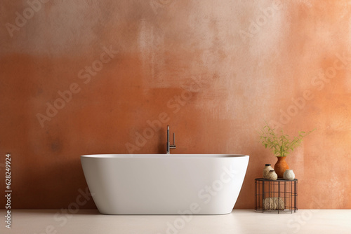 Modern bathroom interior with white tub. Empty neutral textured terracotta wall for mockup. Promotion background.
