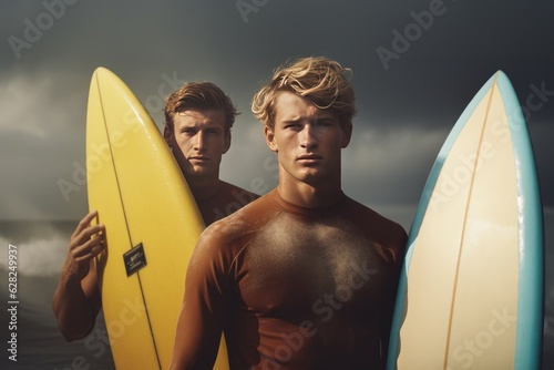 Two handsome young men with surfboards on the beach