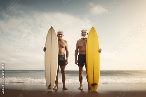 Two elder man with surfboards on the beach