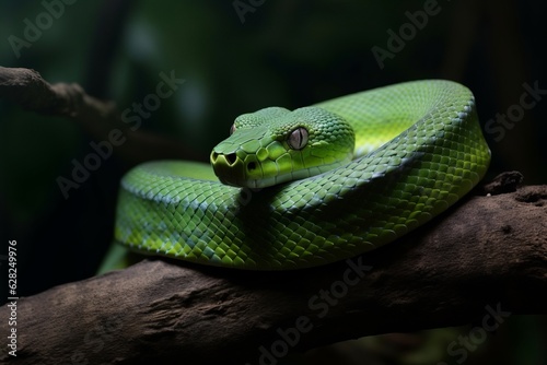 Illustration of a green snake sitting on a branch in a natural environment, created using generative AI