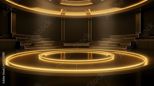 Futuristic Room in Dark Gold Colors with beautiful Lighting. Stunning Background for Product Presentation.