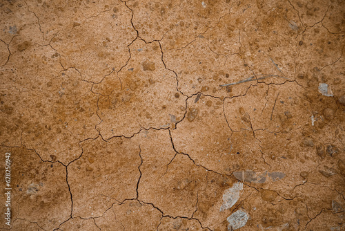 top view cracked  red soil ground Earth for texture background,desert cracks,Dry Orange surface Arid,drought land,Picture of natural disaster. drought land Caused by global warming and deforestation.