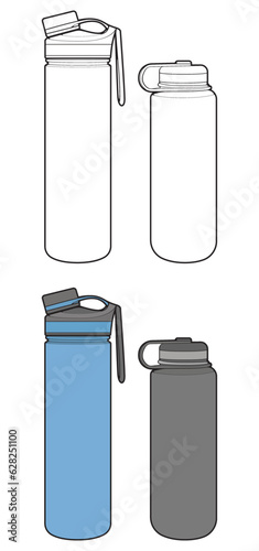 Set off Coloring of tumbler bottle outline drawing vector, tumbler bottle in a sketch style, tumbler bottle training template outline, vector Illustration.