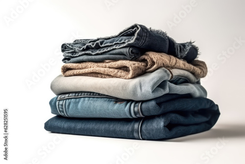 Stack of clothing jeans sweaters in hand pattern on a white background isolation